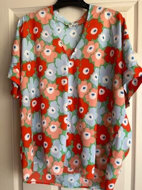 JODIFL Floral V-Neck Top in Orange, Coral, Light Blue & Green